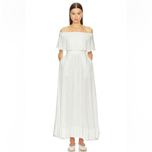 HELSA Eyelet Garden Midi Dress White Off-Shoulder ballet cotton Revolve L - Picture 1 of 11